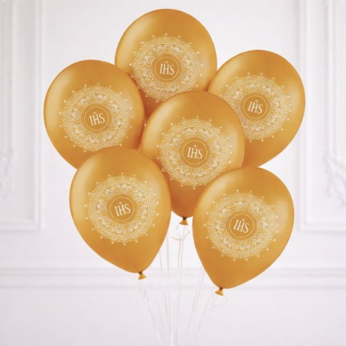 Balony złote komunijne z motywem koronki. Dekoracja sali komunijnej.