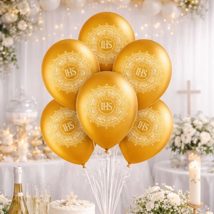 Złote balony na Komunię. Dekoracja sali komunijnej.