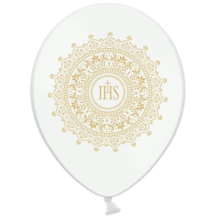 Eleganckie balony komunijne z motywem koronki IHS.