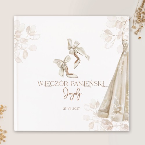 Księga na wieczór panieński z motywem butów ślubnych.