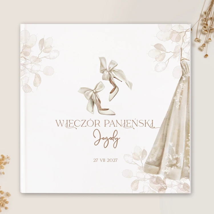 Księga na wieczór panieński z motywem butów ślubnych.