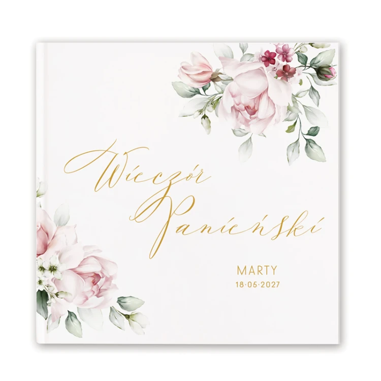 Album pamiątkowy w białym kolorze z kwiatową grafiką na wieczór panieński.