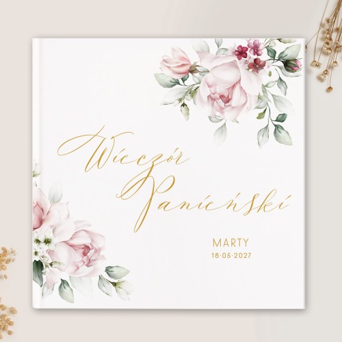 Księga pamiątkowa na wieczór panieński z grafiką kwiatów i personalizacją.