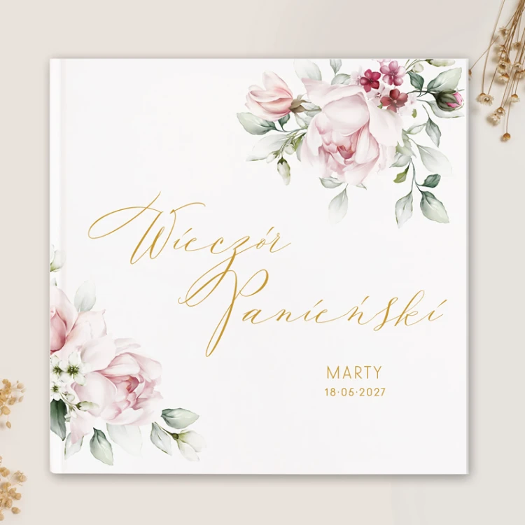 Księga pamiątkowa na wieczór panieński z grafiką kwiatów i personalizacją.