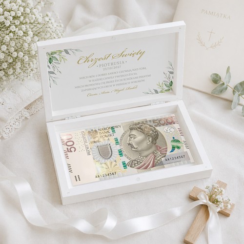 Personalizowane pudełko na pieniądze na prezent z okazji Chrztu.