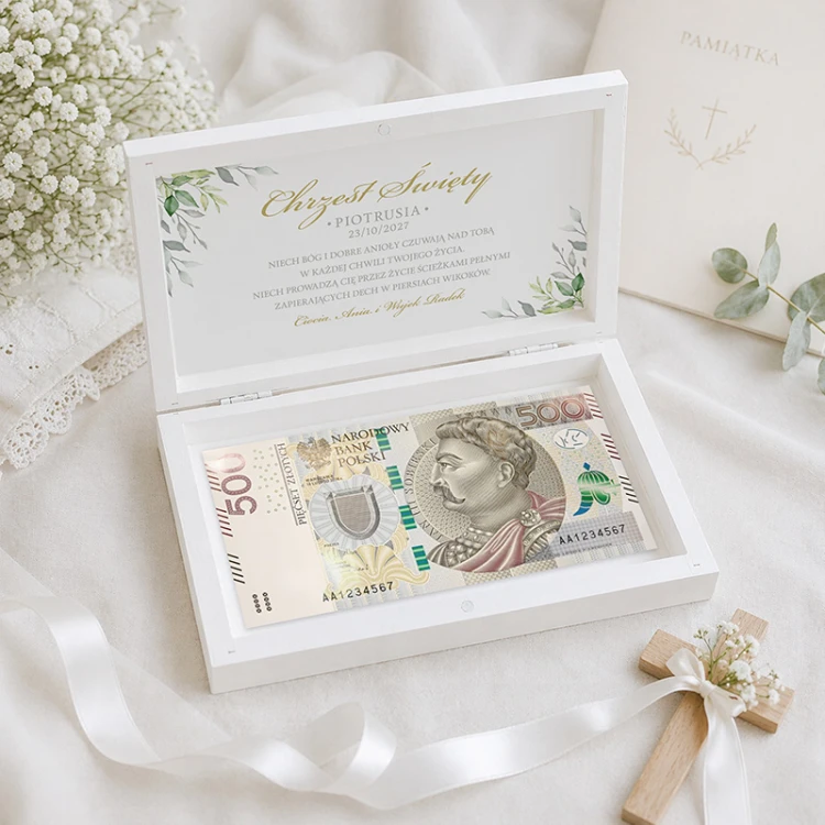 Personalizowane pudełko na pieniądze na prezent z okazji Chrztu.