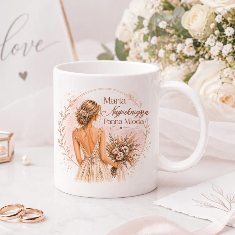 personalizowany kubek panna młoda romantyczna grafika ślub