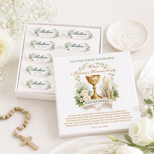 Bombonierka z krówkami jako podziękowanie dla katechety za Komunię Świętą.