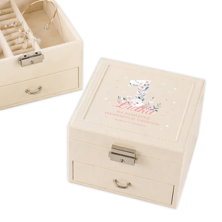 Eleganckie personalizowane etui na prezent z okazji pierwszych urodzin dziewczynki. Szkatuła na biżuterię.