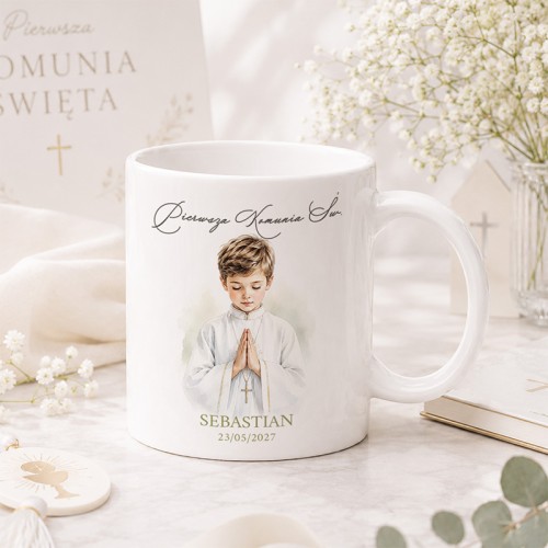 Kubek personalizowany ceramiczny na Komunię dla chłopca.