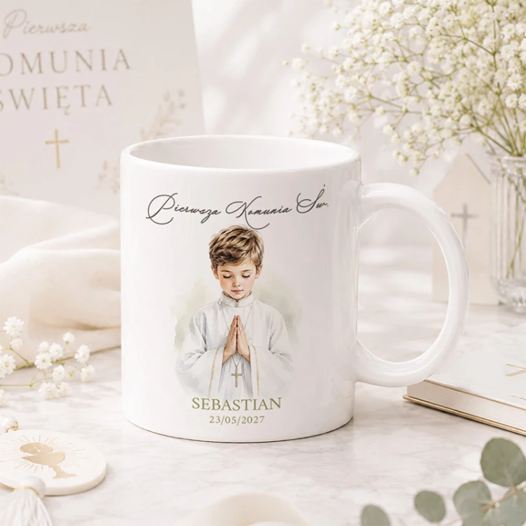 Kubek personalizowany ceramiczny na Komunię dla chłopca.