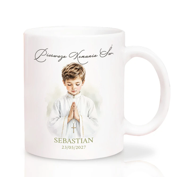 Personalizowany kubek religijny na Komunię dla chłopca.