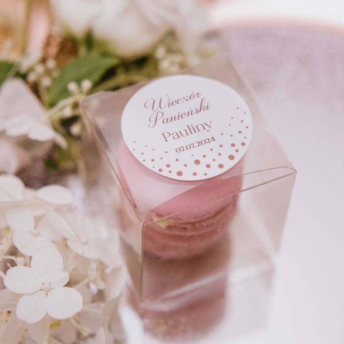 PUDEŁECZKA na prezenciki przezroczyste Rose Gold 10szt (+etykiety)