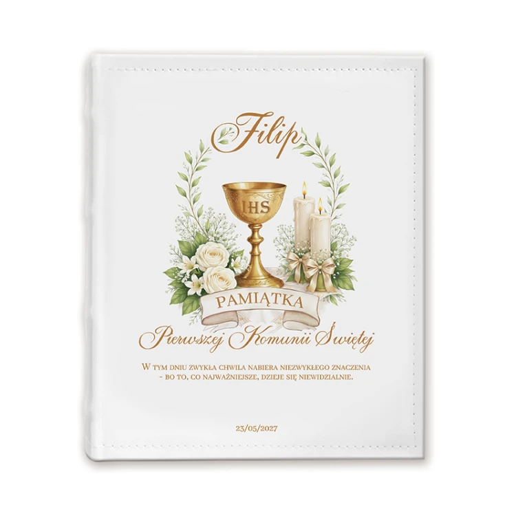 Personalizowany album na Komunię dla dziecka. Motyw kielicha.