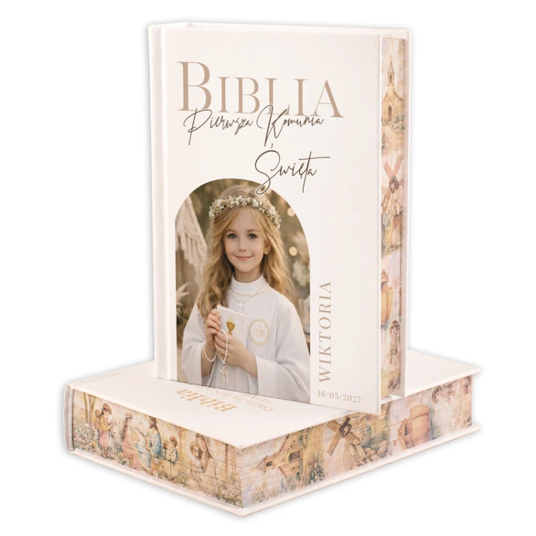 Biblia z kolorowymi brzegami. Prezent na Komunię ze zdjęciem na okładce.