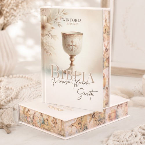 Biblia komunijna z motywem kielicha barwione brzegi