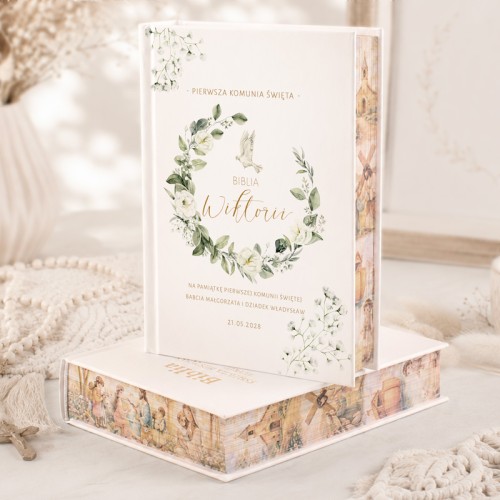 Biblia z imieniem na okładce białe kwiaty