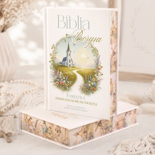 Biblia z kolorowymi brzegami dla dziecka komunijnego.