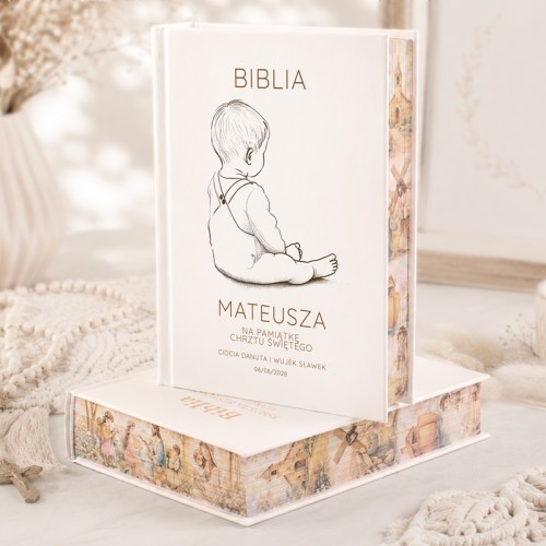 Biblia personalizowana na Chrzest Święty chłopca. Wydanie z barwionymi brzegami.
