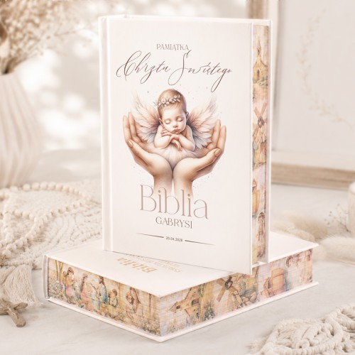 Personalizowana Biblia na Chrzest dziewczynki z zdobionymi brzegami