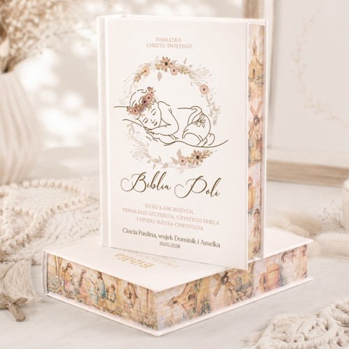 Personalizowana Biblia dla dziewczynki na Chrzest z malowanymi brzegami