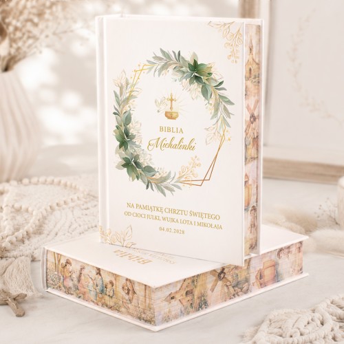 Biblia jako pamiątka Chrztu z dekoracyjnymi brzegami