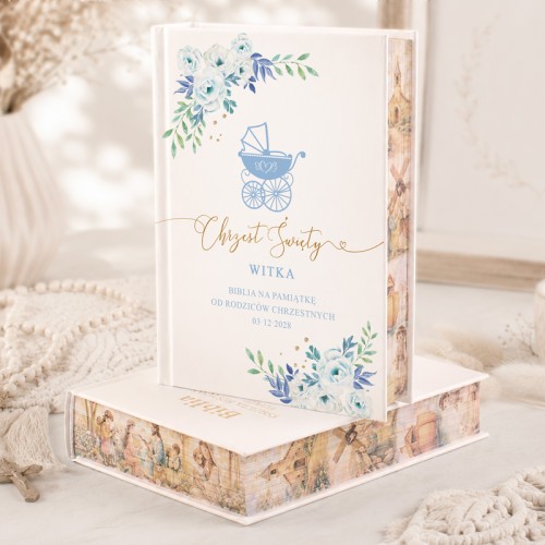 Biblia z personalizownym imieniem i malowanymi brzegami na Chrzest