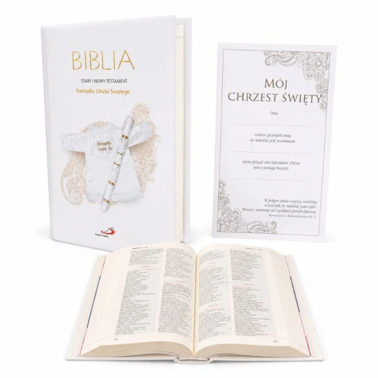 Biblia z subtelnymi złotymi zdobieniami na Chrzest
