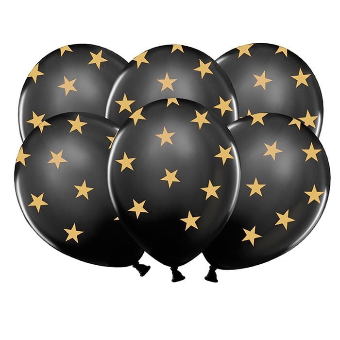 BALONY czarne w złote gwiazdki 30cm 6szt