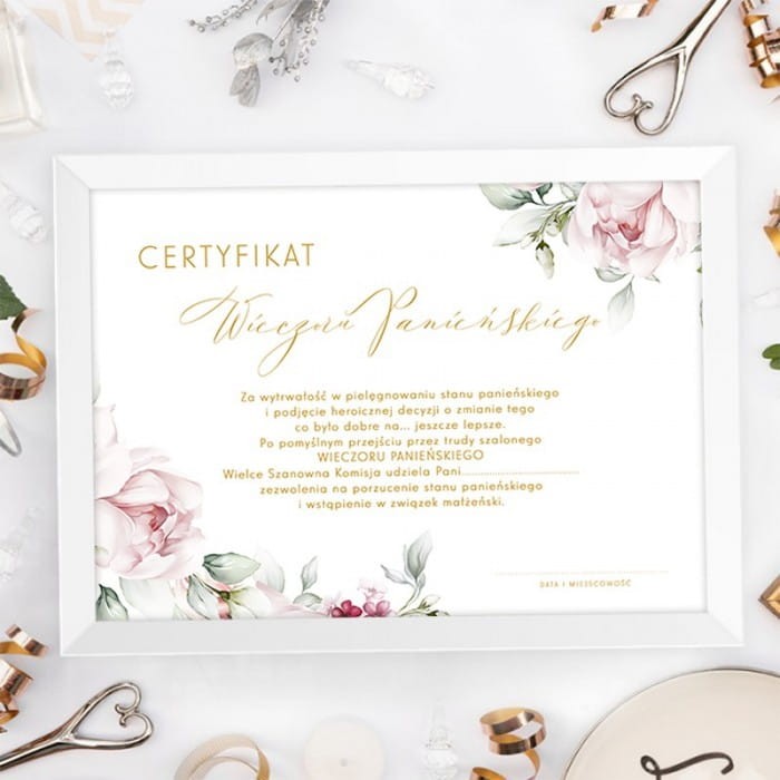 CERTYFIKAT w ramce na Wieczór Panieński Narzeczona