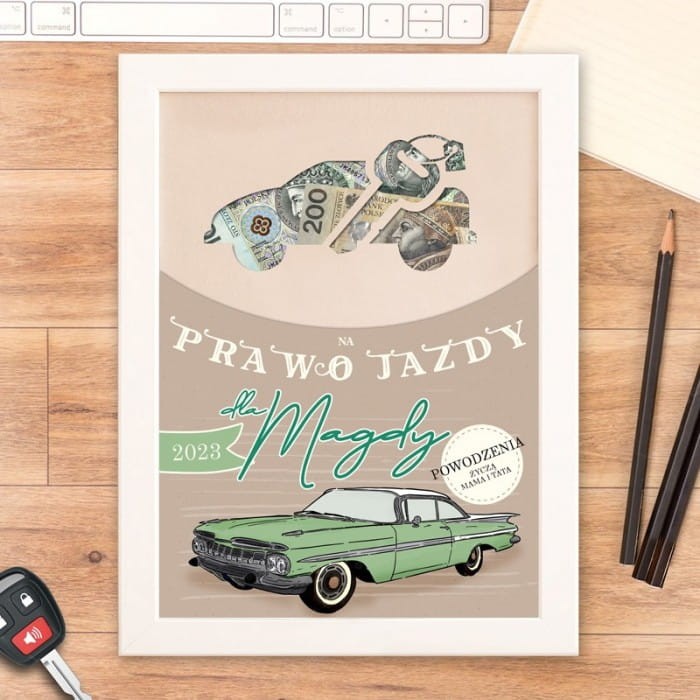 PLAKAT na pieniądze Prezent z okazji 18 urodzin Kasa na prawko