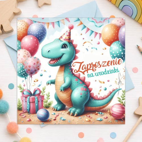 Zaproszenia na urodziny przedszkolaka z kolorowym motywem dinozaurów dla dzieci.