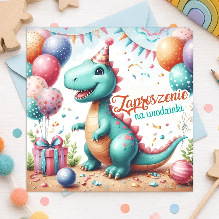 Zaproszenia na urodziny przedszkolaka z kolorowym motywem dinozaurów dla dzieci.