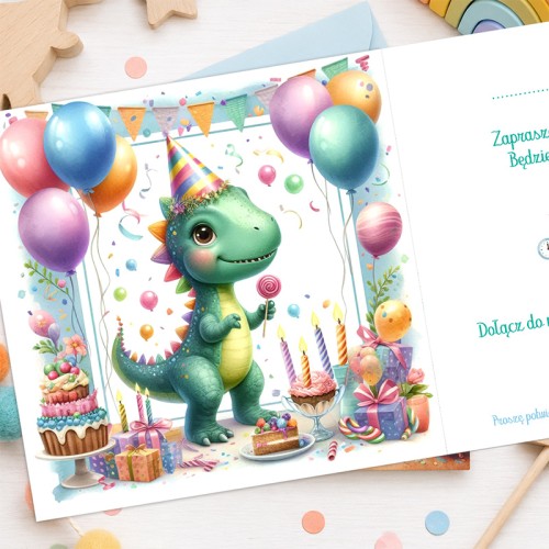 Zaproszenia na urodziny dziecka 10 sztuk z pastelową grafiką dinozaurów.