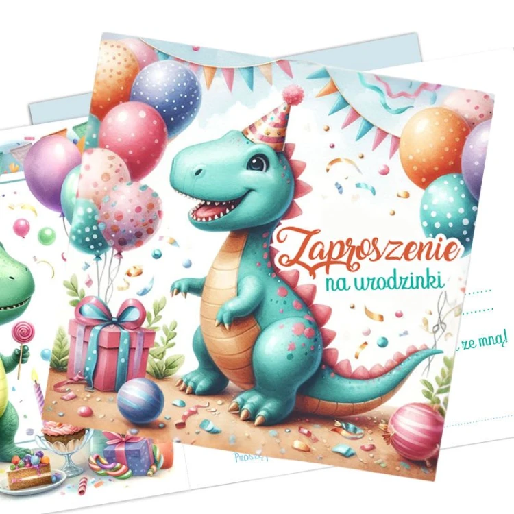 Kolorowe zaproszenia dla dzieci na przyjęcie urodzinowe z motywem dinozaurów.