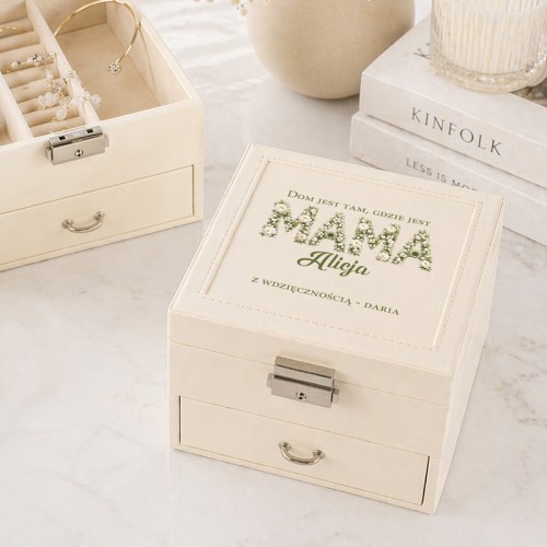 Personalizowana szkatułka na biżuterię z przegródkami i lusterkiem na kobiece dodatki.