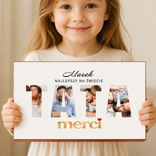 Bombonierka MERCI dla taty z czterema zdjęciami i personalizowanym imieniem.