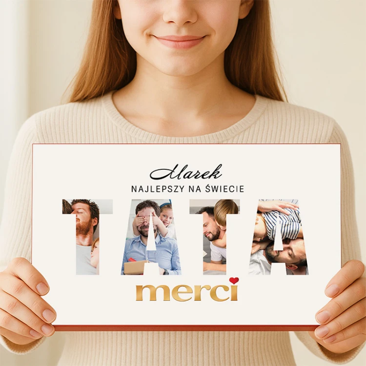 Prezent dla taty z personalizowaną bombonierką MERCI i miejscem na fotografie dzieci.
