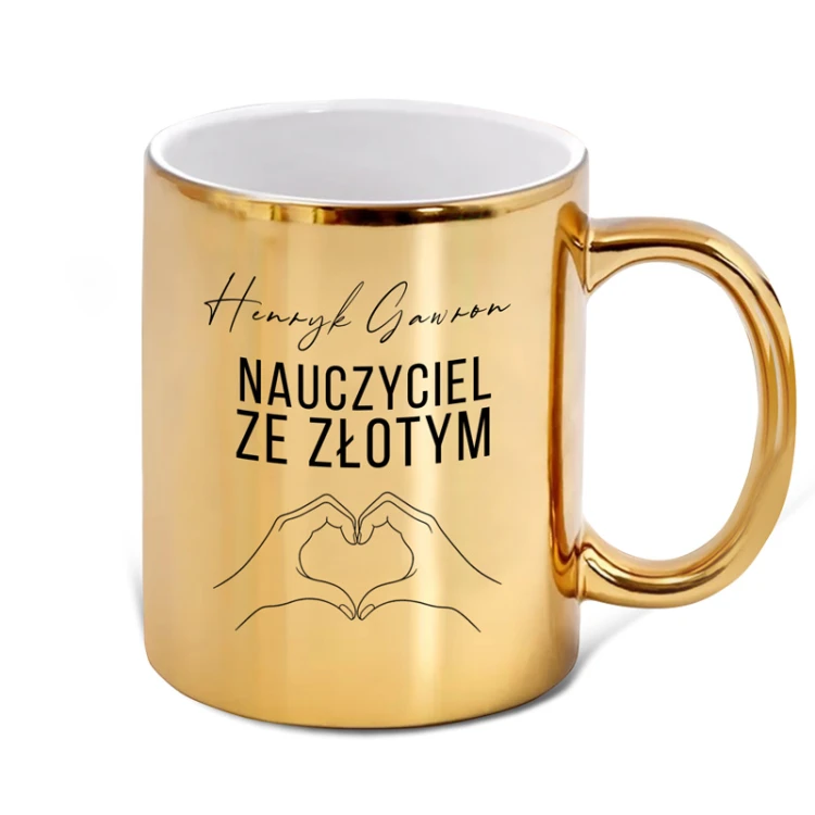 Kubek dla nauczyciela z błyszczącym wykończeniem, personalizacją i ozdobnym nadrukiem.