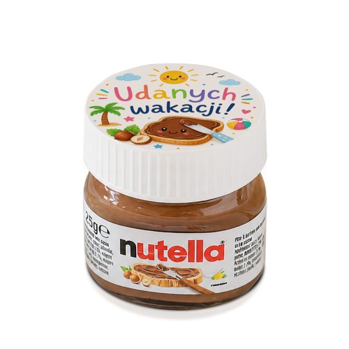 Słoiczek Nutelli z napisem „Udanych wakacji!” dla ucznia lub przedszkolaka.