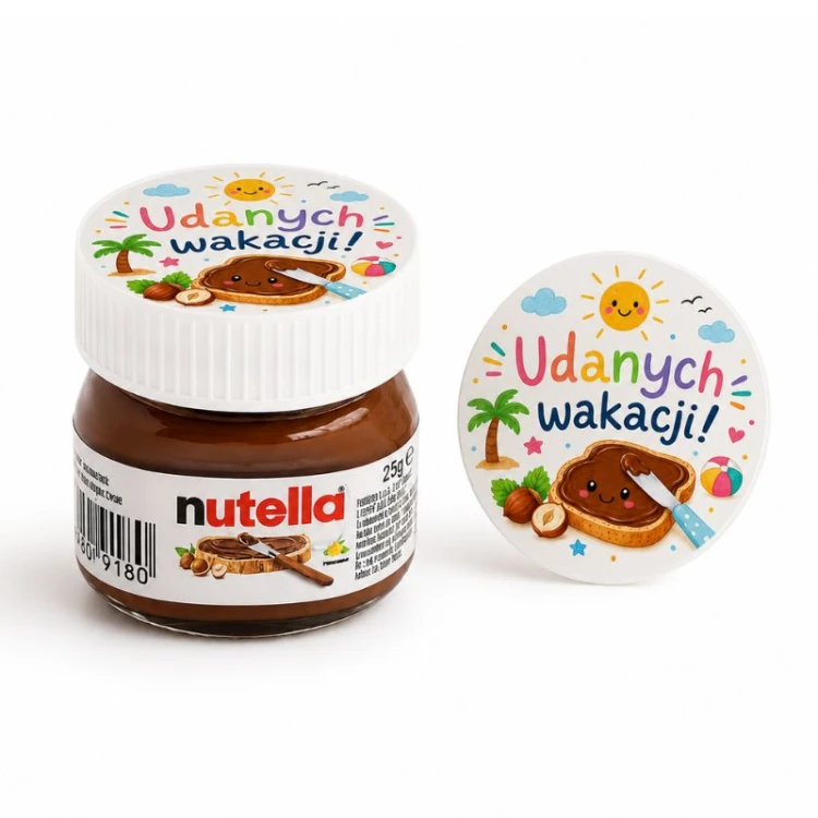 Upominek na zakończenie szkoły z Mini Nutellą i ilustracją słońca oraz palemek.
