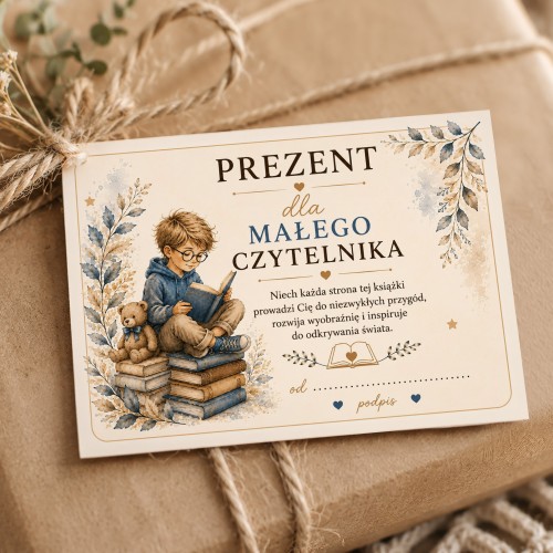 Bilecik do prezentu dla Małego Czytelnika z grafiką chłopca czytającego książkę.