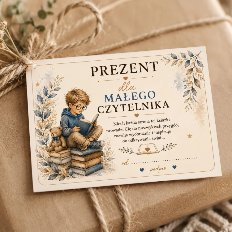Bilecik do prezentu dla Małego Czytelnika z grafiką chłopca czytającego książkę.