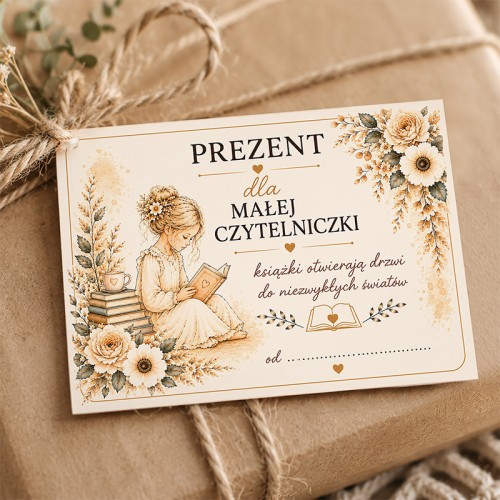 Bilecik do prezentu dla Małej Czytelniczki z grafiką dziewczynki czytającej książkę.