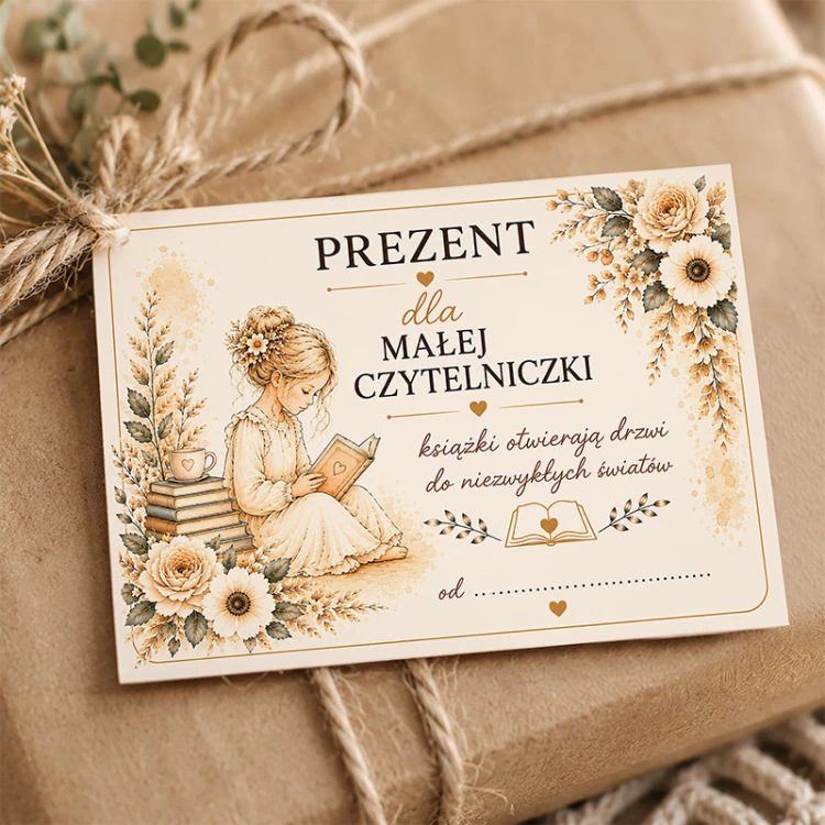 Bilecik do prezentu dla Małej Czytelniczki z grafiką dziewczynki czytającej książkę.