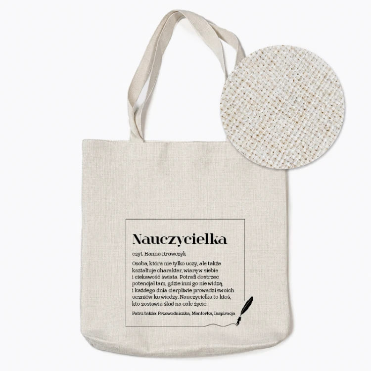 Torba płócienna dla nauczycielki z czarnym nadrukiem i grafiką pióra.