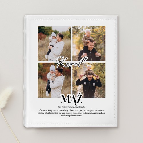 Personalizowany album dla męża lub żony z definicją słowa  i kolażem zdjęć.