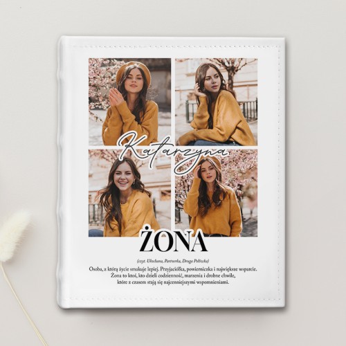 Prezent w formie albumu na zdjęcia dla męża lub żony z imieniem, fotografiami i osobistą definicją.