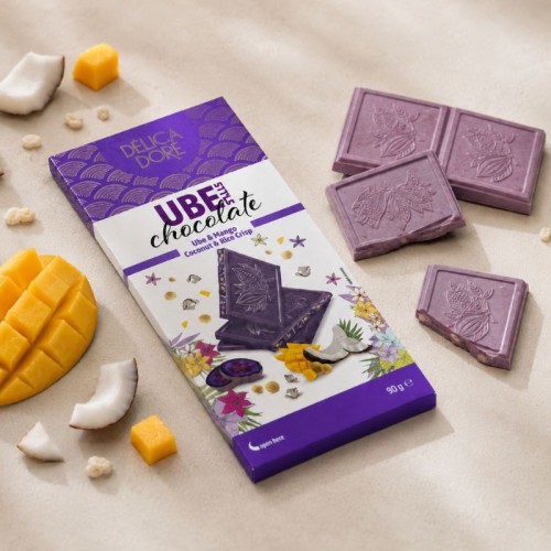 Ekskluzywna czekolada fioletowa z mango i wiórkami kokosowymi.