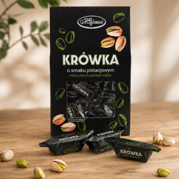 Krówki o Smaku Pistacjowym w eleganckim opakowaniu prezentowym.